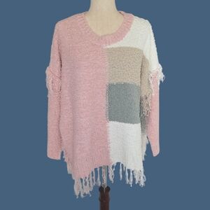 POL NEW Pastel Sweater Popcorn Knit, Fringes Pink White Tan S/M/L